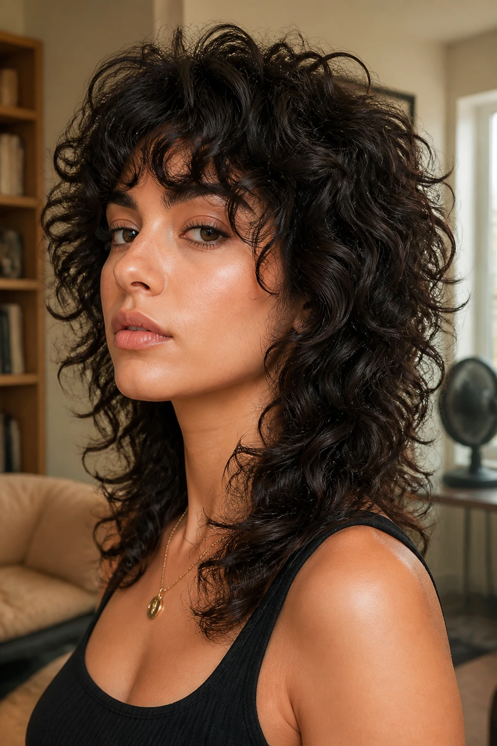 Close-up of a real woman with a wolf cut shag for dense curls, crown volume and defined nape