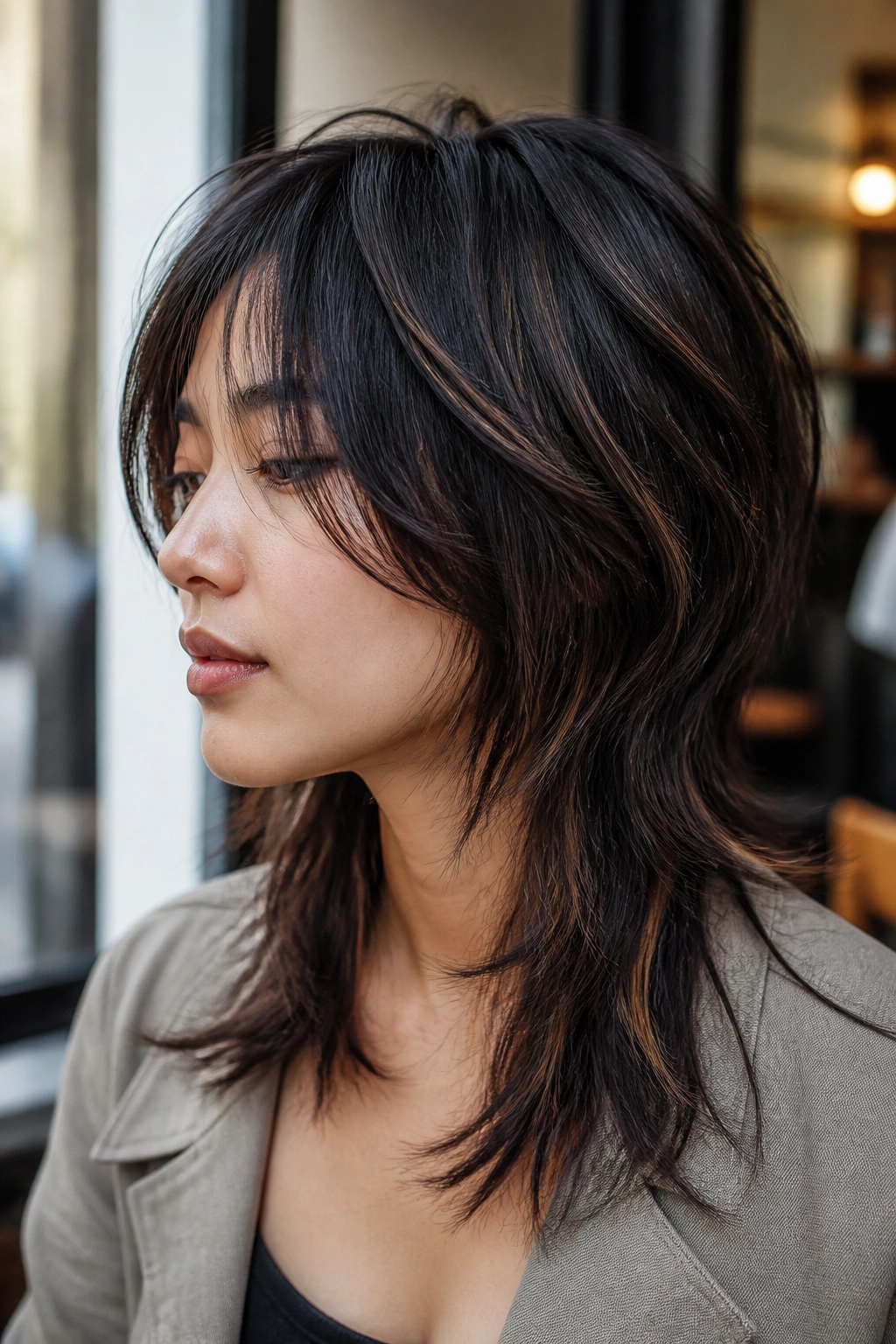 Close-up portrait of a real person with Textured Wolf Cut and Espresso Ribbons