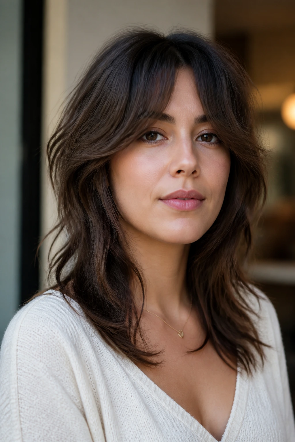 Real woman with wolf cut inspired face framing layers