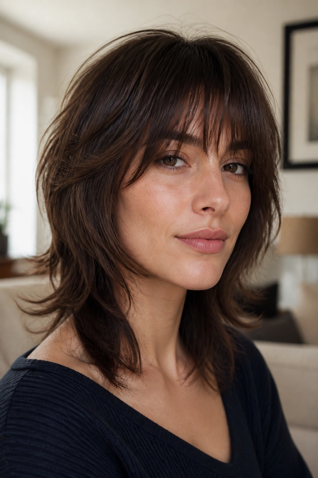 Close-up portrait of a real woman with a softened wolf cut for fine, flat hair.