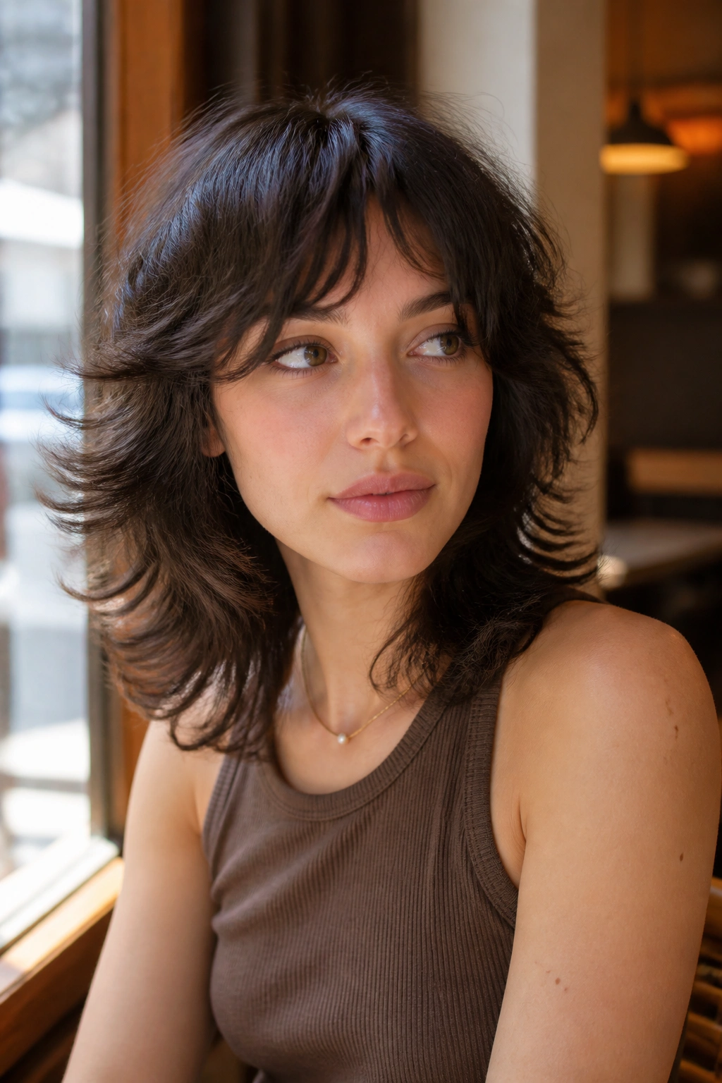 Close-up of real person with bouncy wolf cut and flip-out ends in a sunlit cafe setting