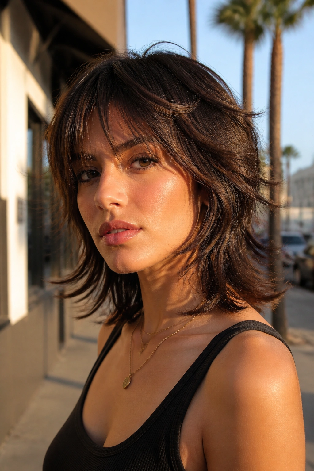 Close-up portrait of a real person with wolf cut featuring flip-out ends in golden hour light