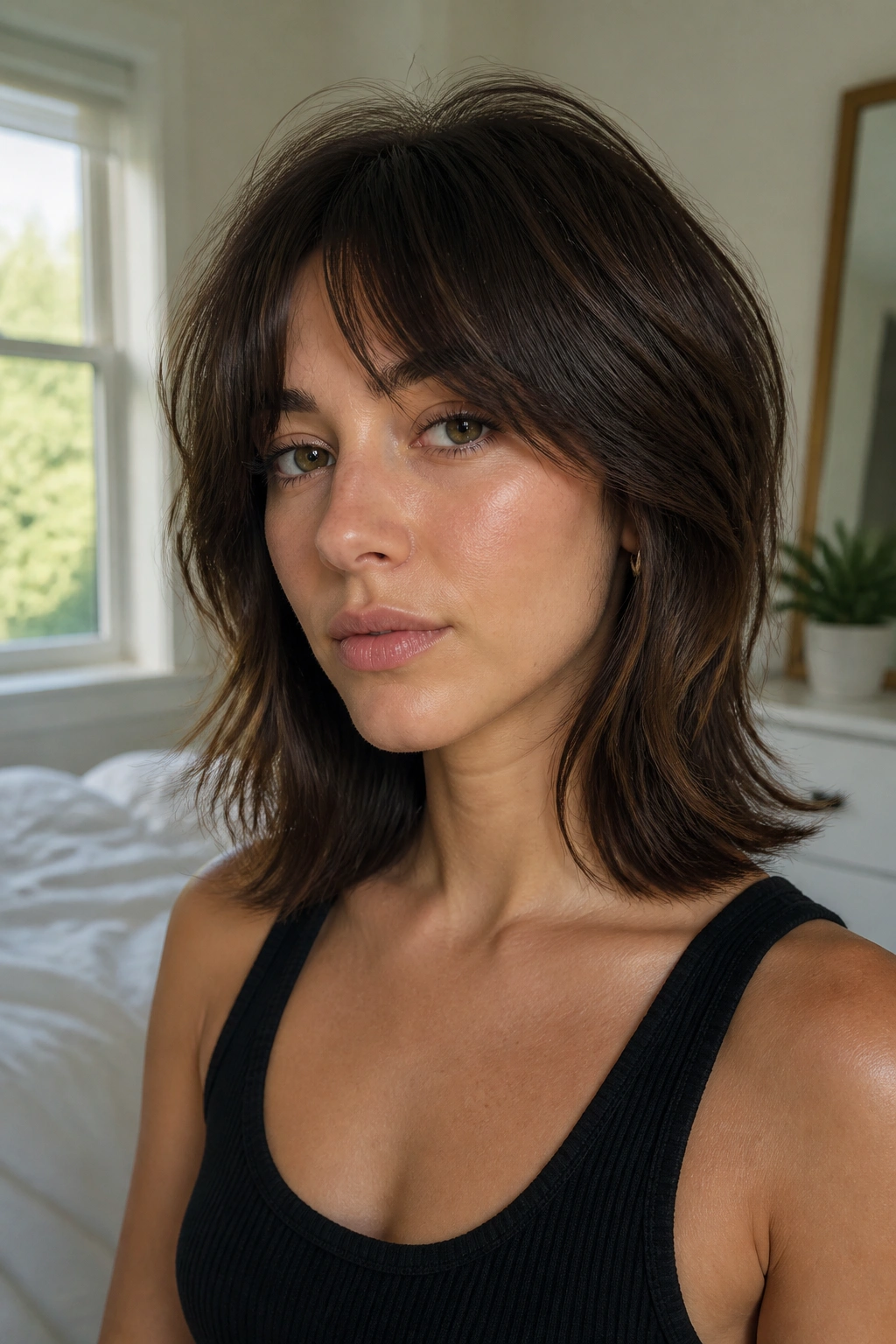 Close-up of a real woman with shoulder-length wolf cut and flipped ends in warm bedroom light