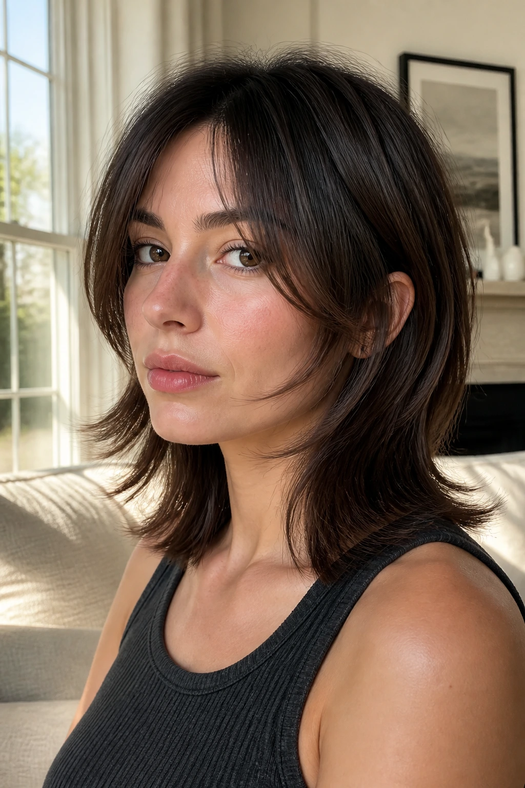 Close-up of a real woman with a straight-hair wolf cut featuring flipped ends, cheekbone-length front pieces, warm window light.