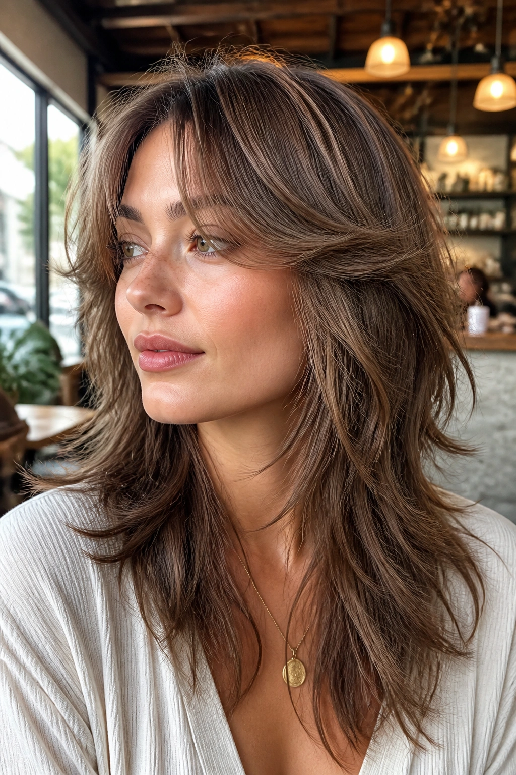 Portrait of a real woman with razor-soft wolf cut and floating curtain bangs in warm cafe lighting