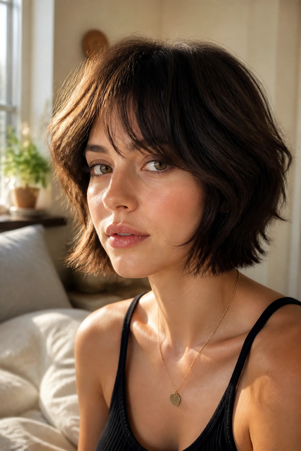 Close-up portrait of a real person with chin-grazing wolf cut and airy fringe in warm window light