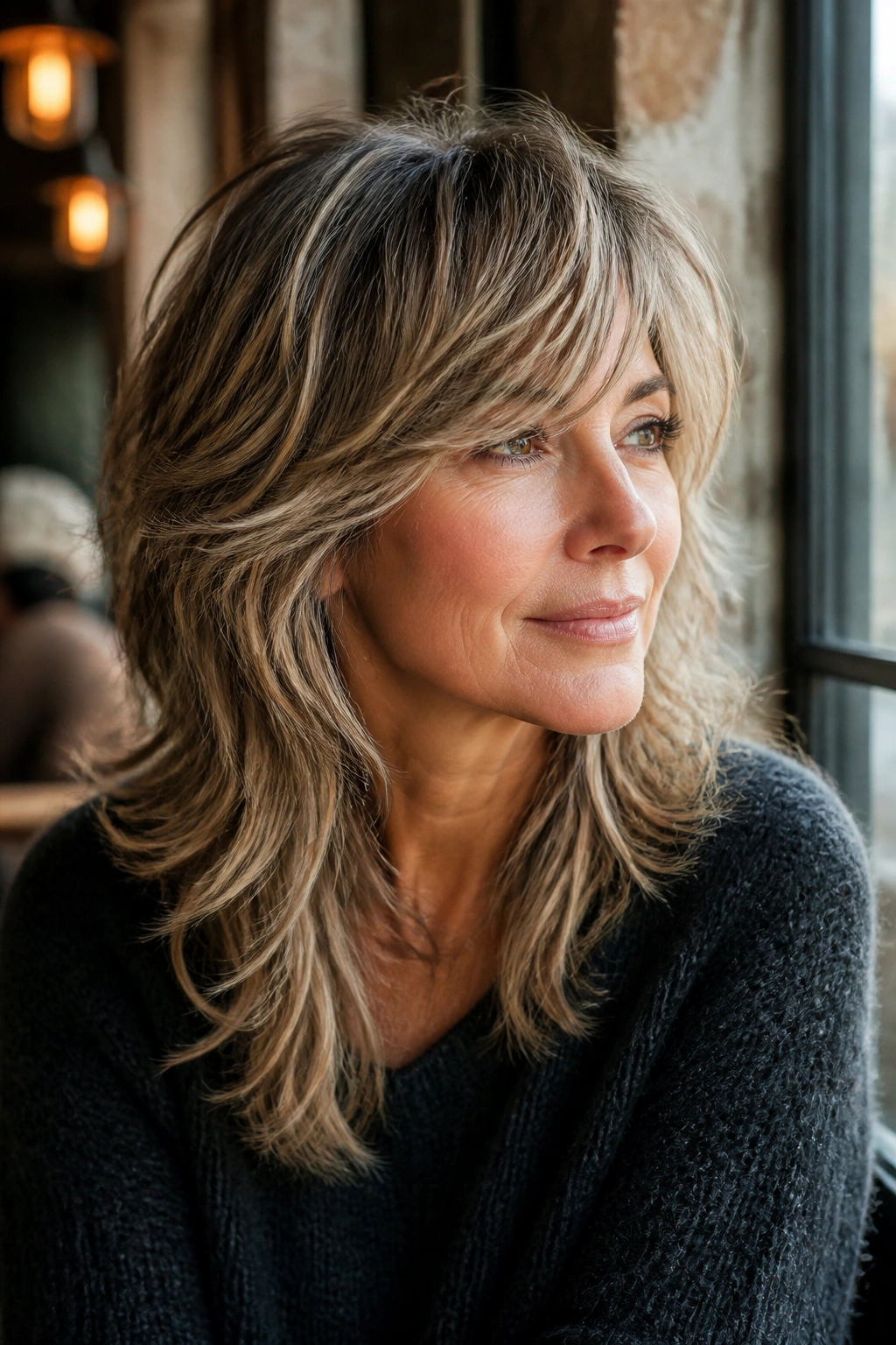 Close-up of real woman with modern wolf cut and sweeping fringe in cafe window light