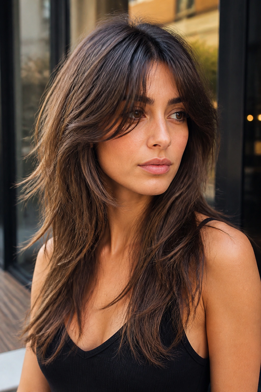 Portrait of a real woman with wolf-cut inspired front layers in an urban outdoor setting