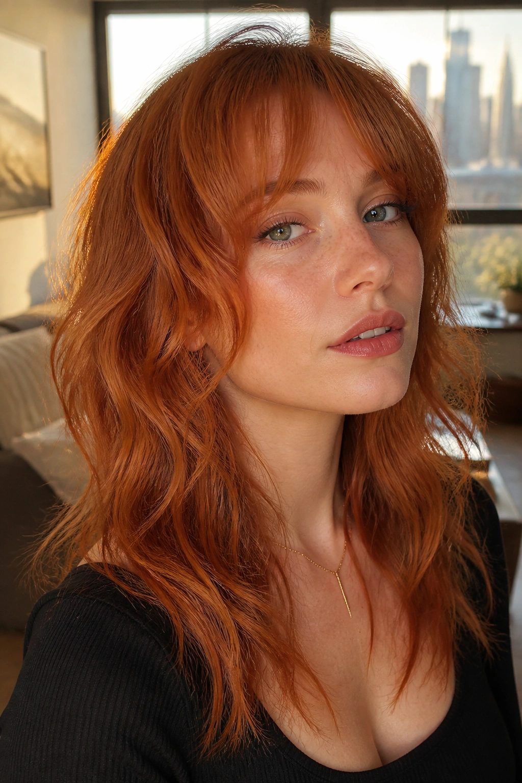 Close-up portrait of a real woman with Ginger Wolf Cut with Bottleneck Bangs in golden hour light