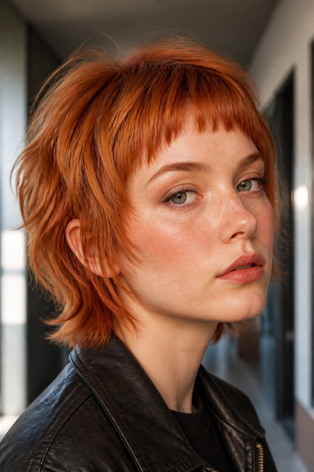 Close-up portrait of a real woman with Short Ginger Wolf Cut with Micro Bangs in soft hallway light