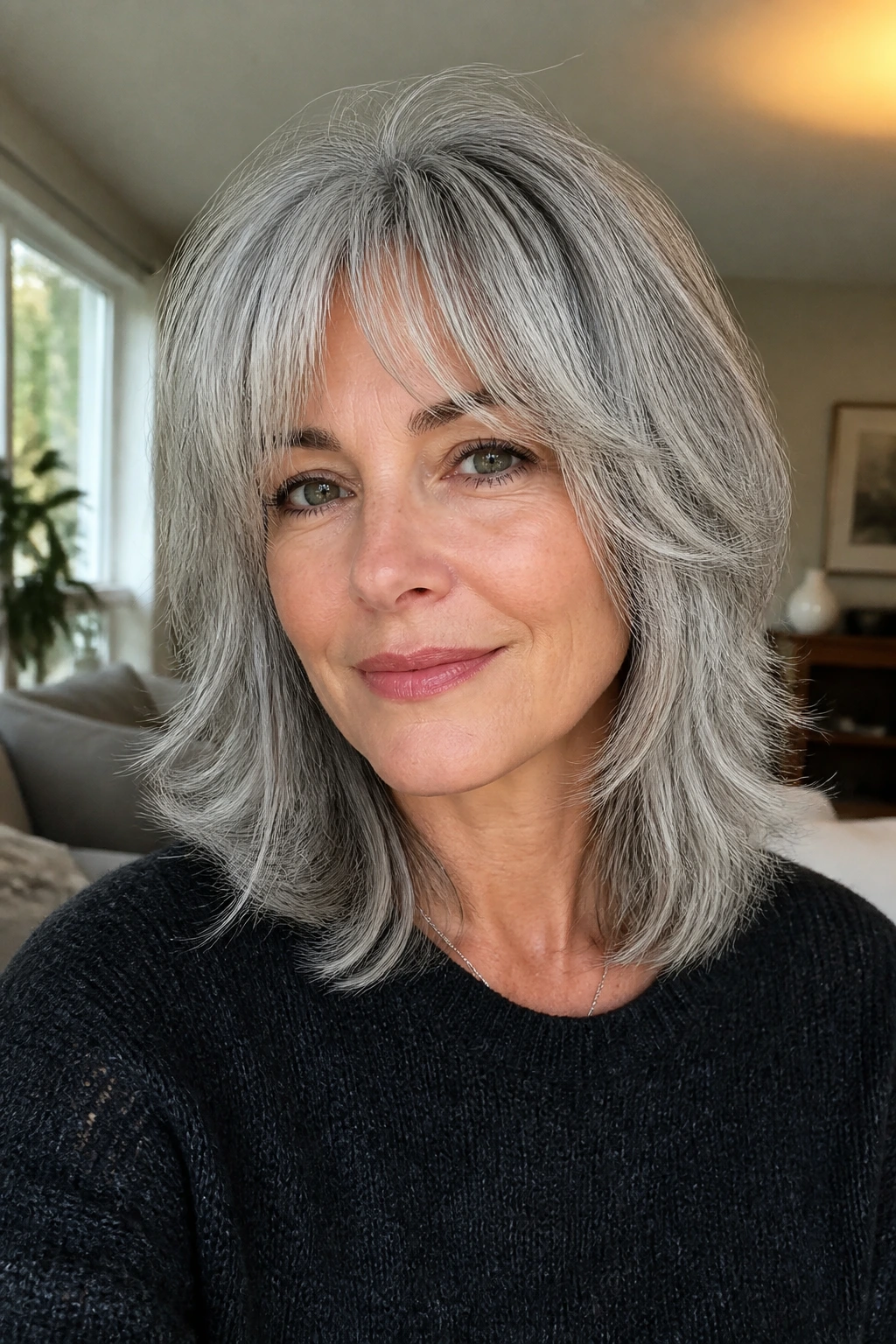 Close-up portrait of a real woman with a light wolf cut on medium gray hair