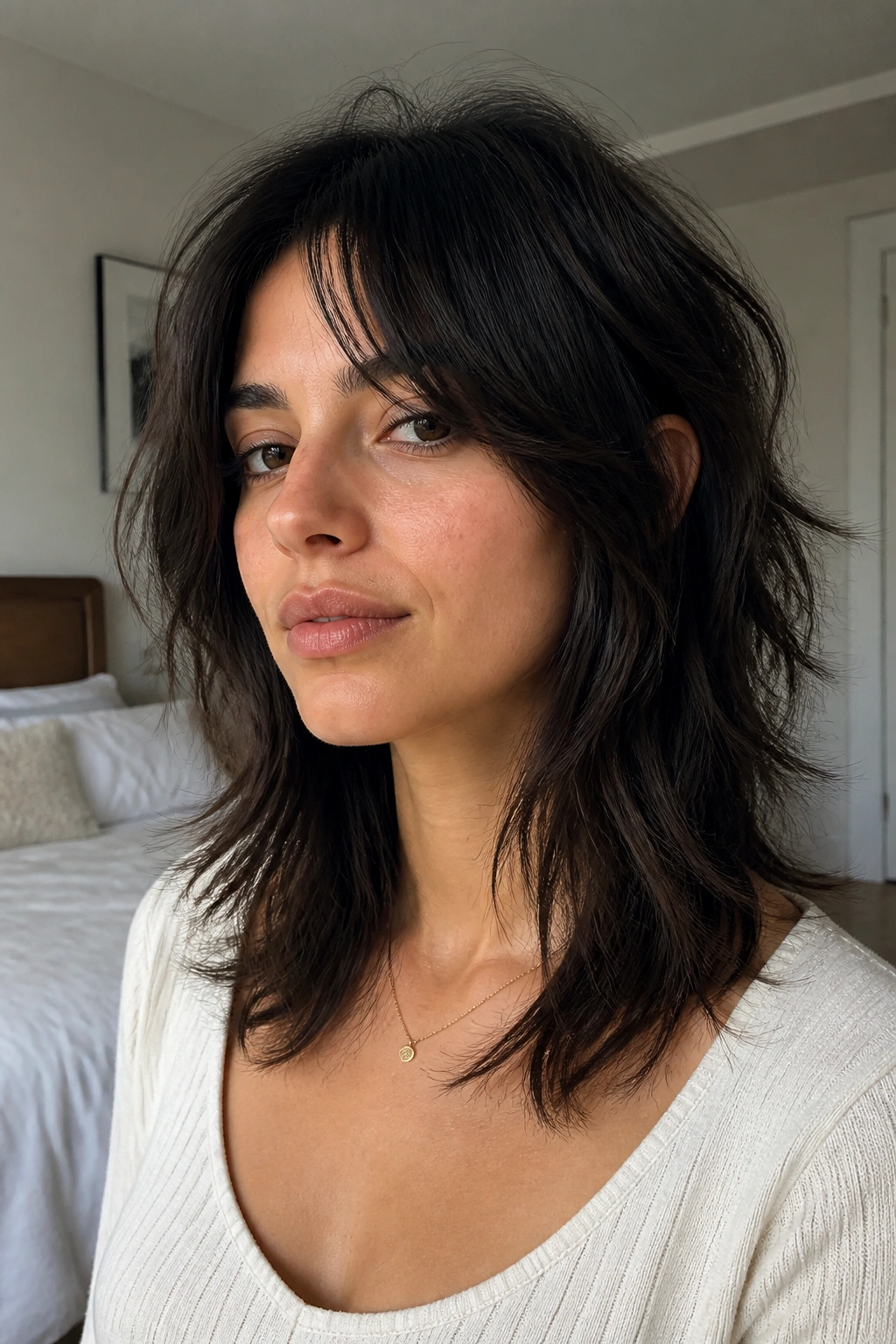 Close-up of a real woman with a shoulder-length wolf cut and soft grow-out layers, lit by natural window light.