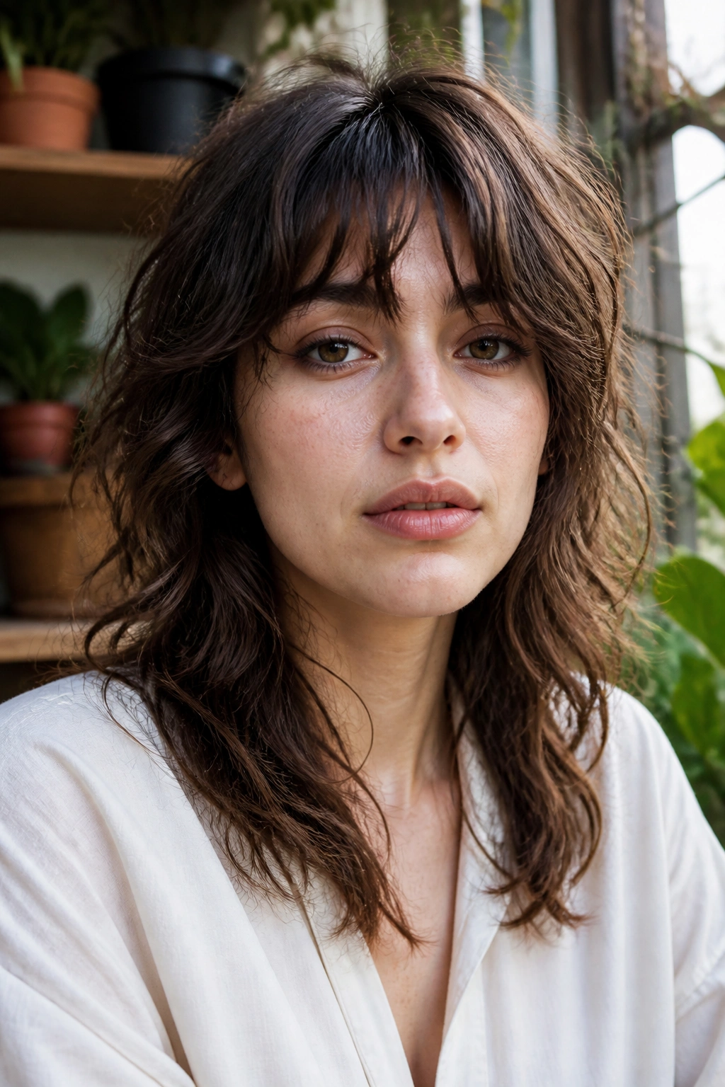 Close-up of real person with long grown-out wolf cut in a cozy living space