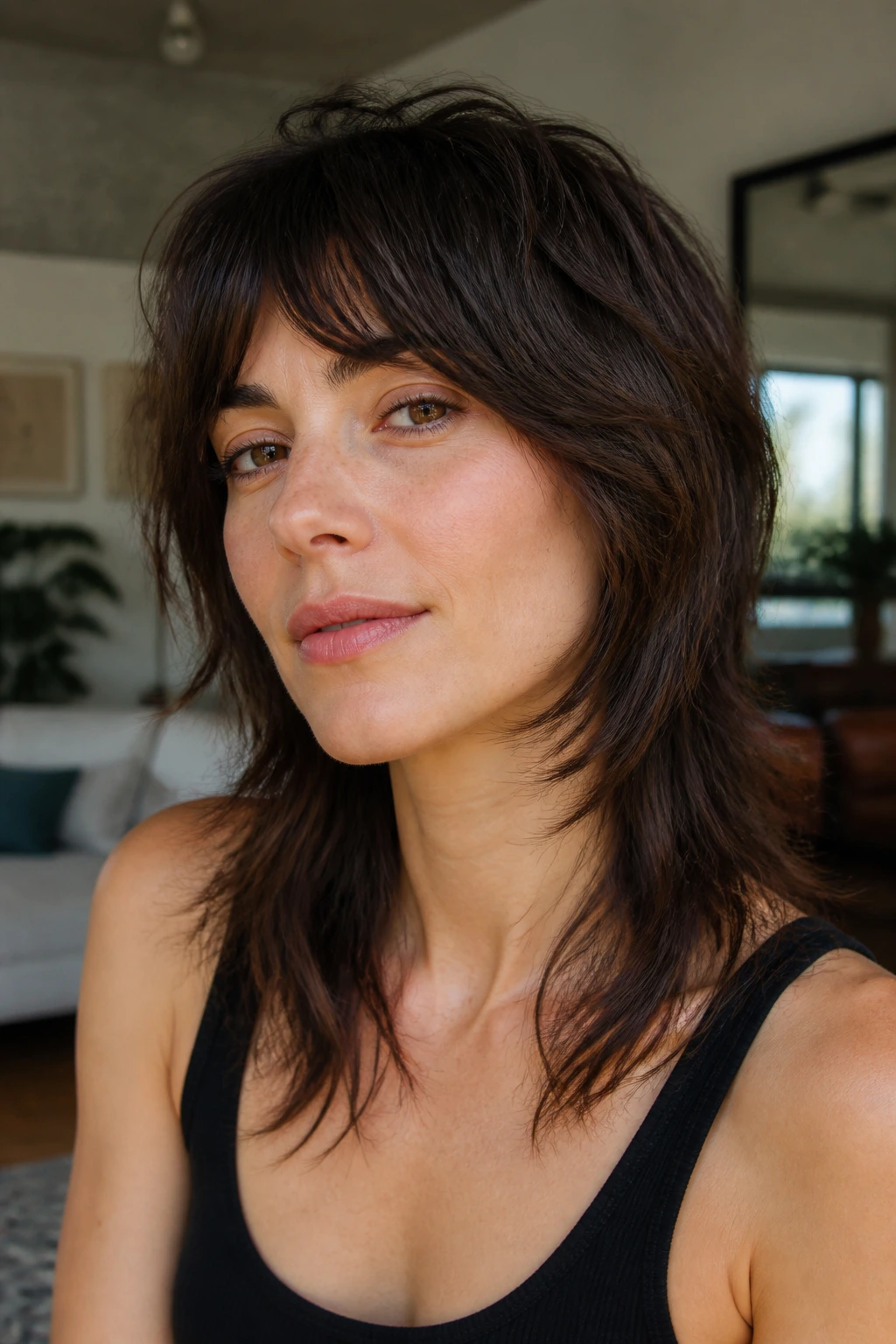 Portrait of a real woman with a grown-out wolf cut in a living room setting