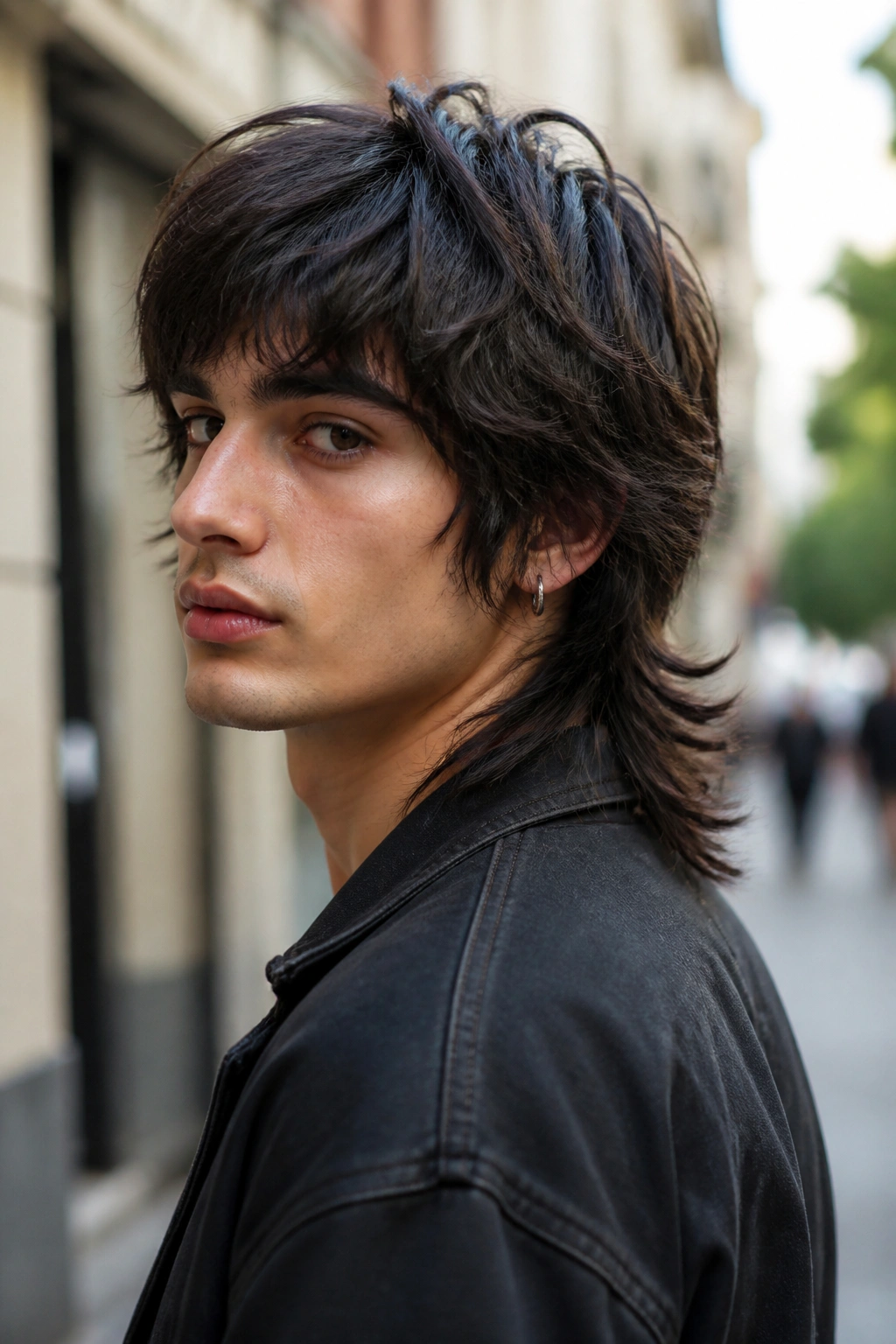 Close-up portrait of a person with a wolf cut hairstyle.