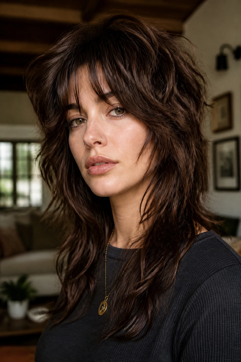 Close-up portrait of a real woman with a wolf cut featuring crown volume and textured ends.