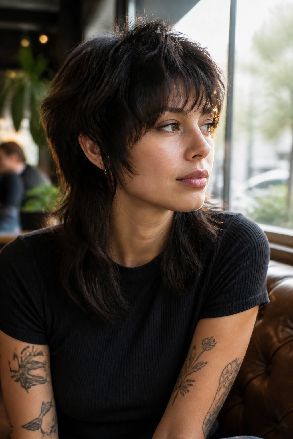 Close-up of a real woman with a bold wolf cut in warm cafe light.