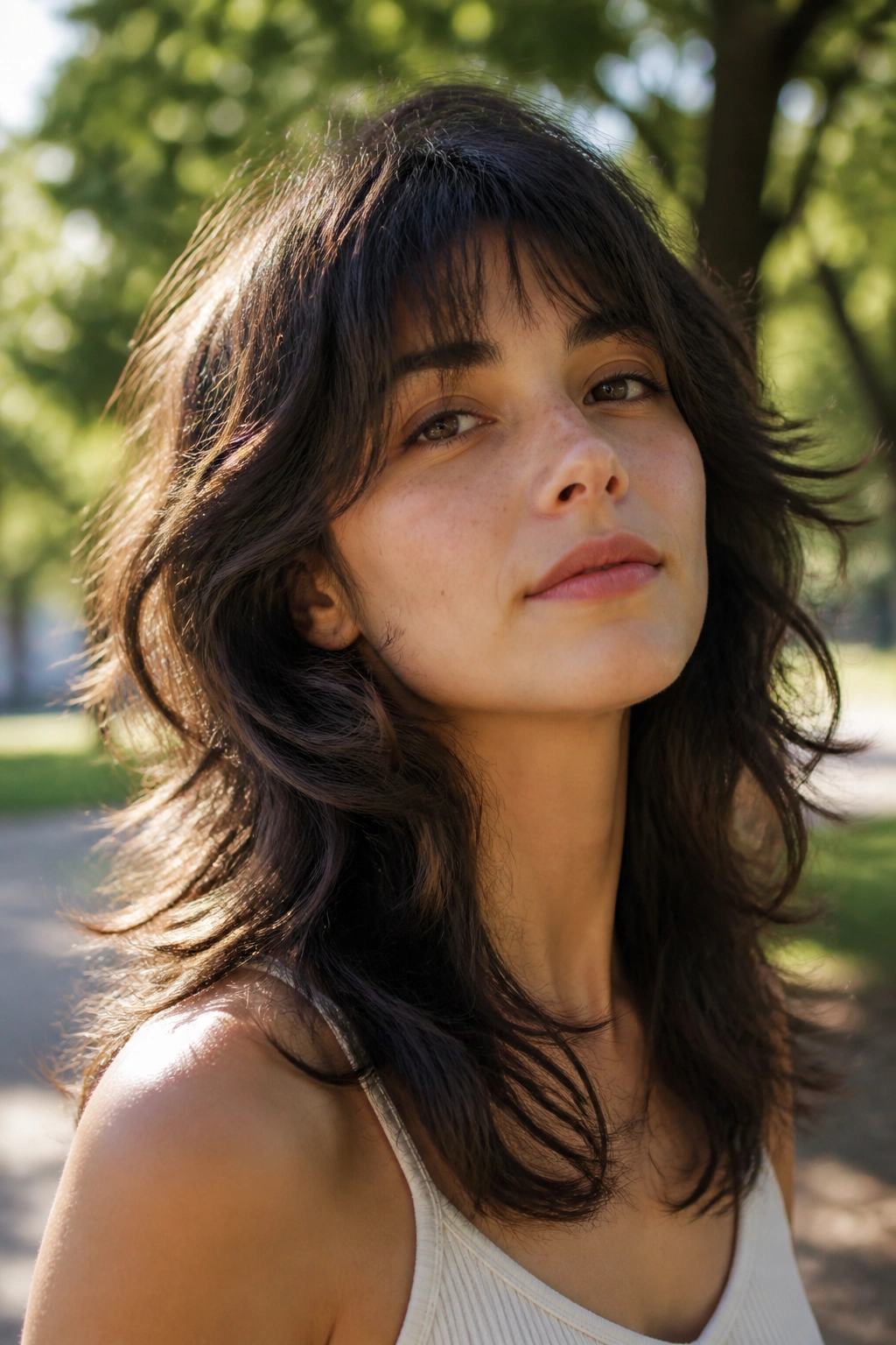 Real woman with wolf cut and soft ends in a sunlit park setting
