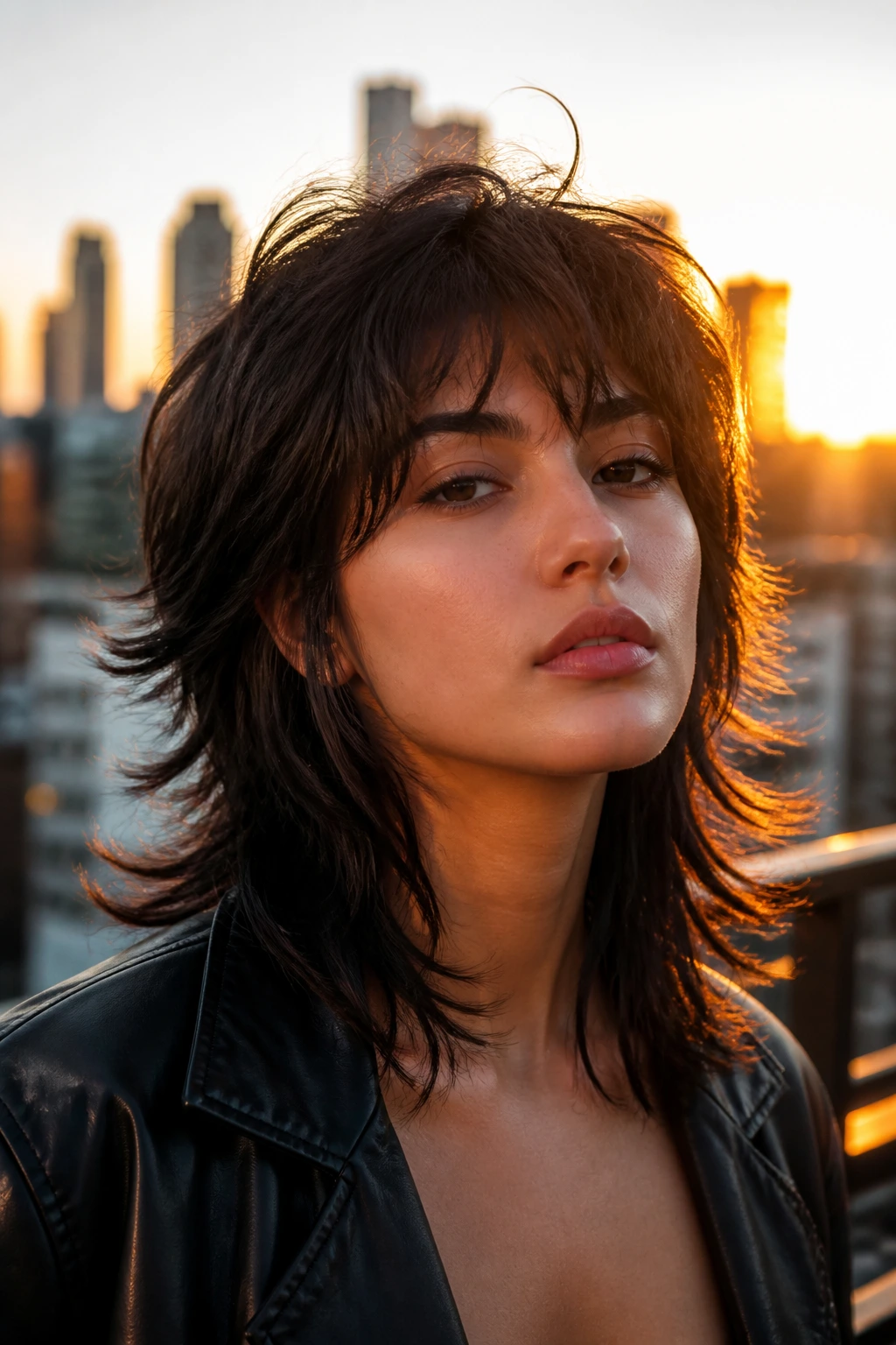 Close-up of a real woman with a wolf cut featuring shaggy crown layers