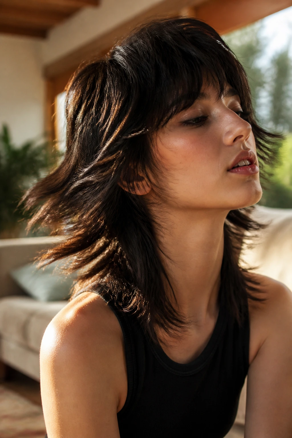 Close-up of a real woman with a wolf cut showing a voluminous crown and tapered ends in warm window light