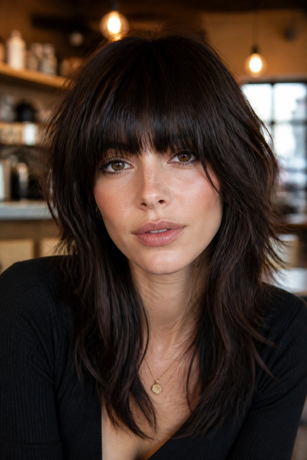 Close-up portrait showing a wolf cut with heavy fringe