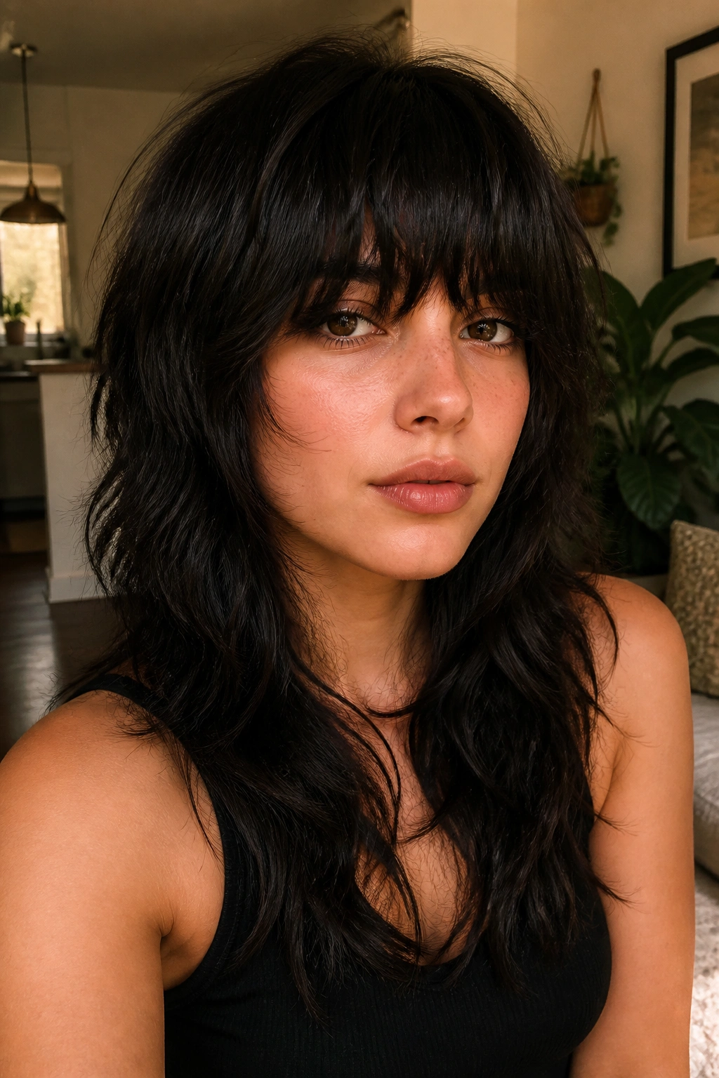 Close-up portrait of a real woman with Heavy Fringe Wolf Cut in a cozy living room