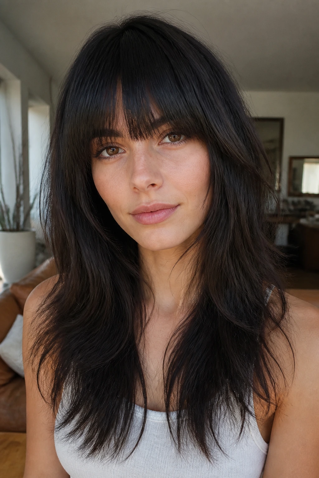 Close-up of real woman with heavy fringe wolf cut on thick straight hair