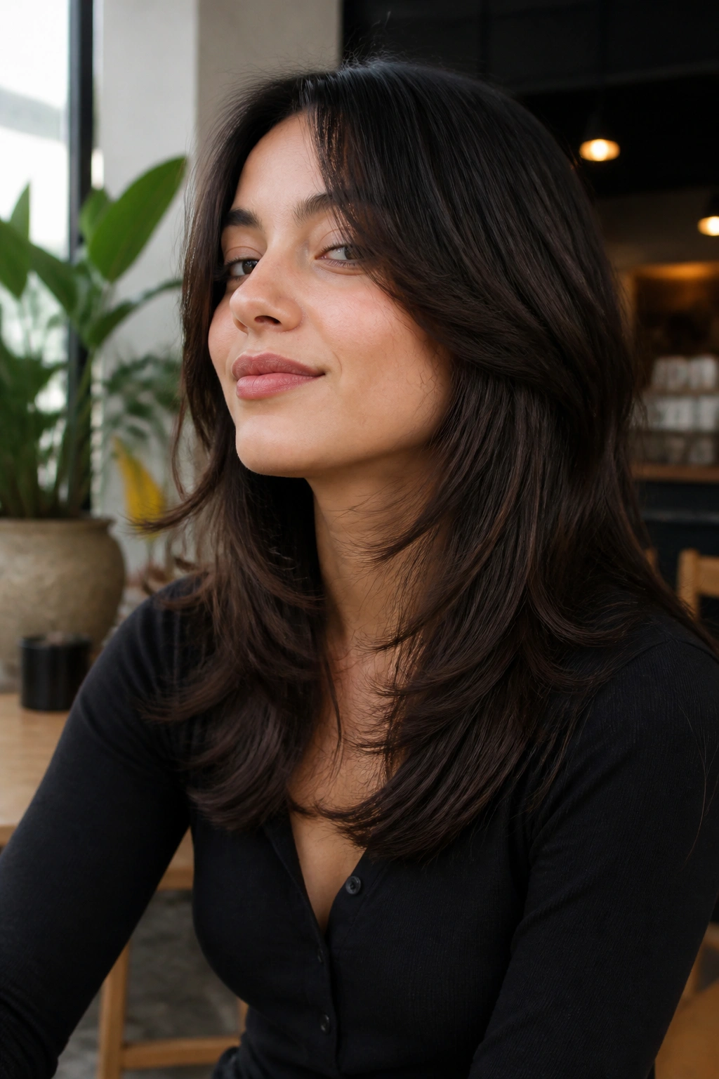 Three-quarter portrait of a real woman with Hidden-Layer Wolf Cut for a Polished Look in a cafe setting