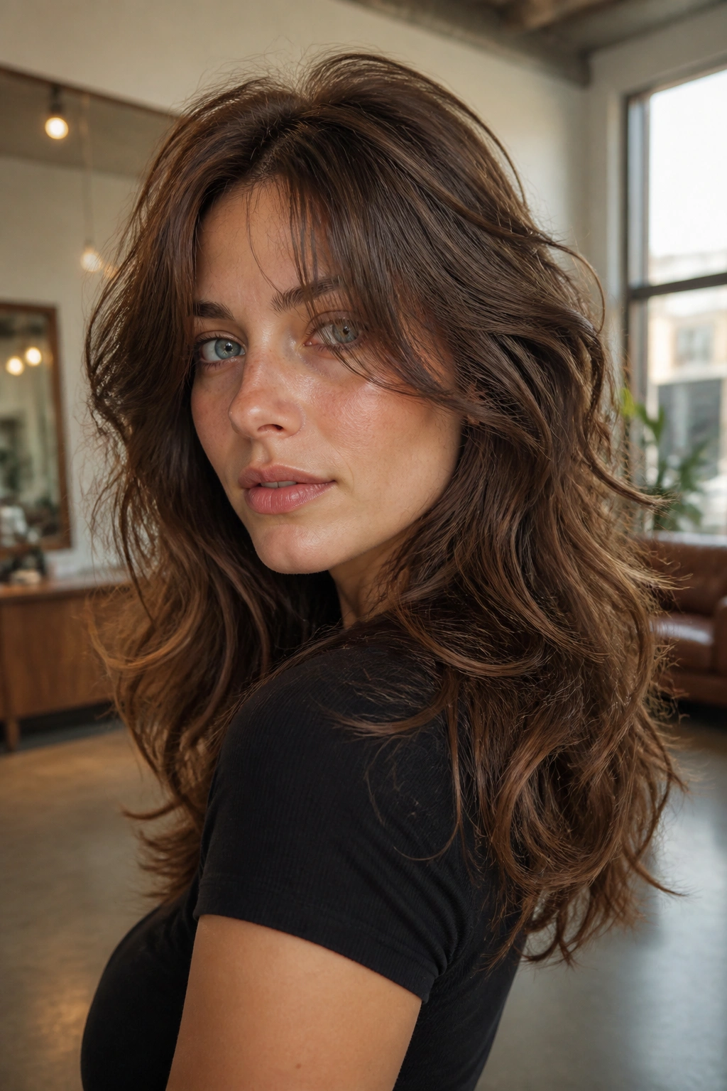 Close-up of a real person with Hidden Internal Layers Wolf Cut on thick wavy hair, inner layers hidden, crown lift.
