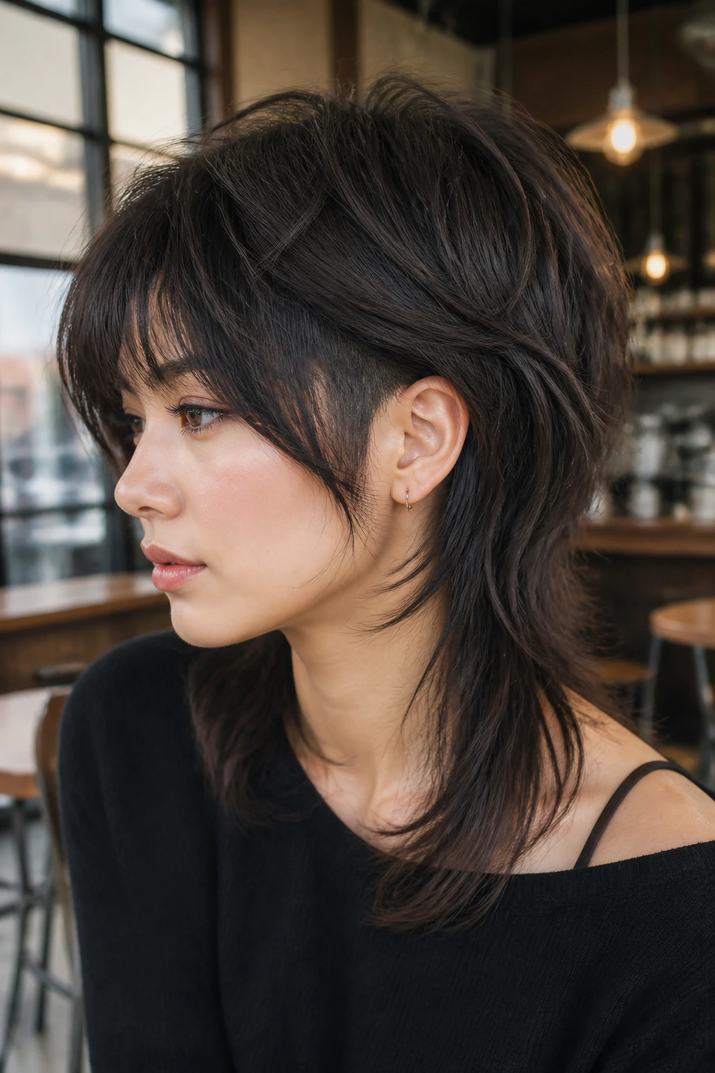 Portrait of a real woman with Wolf Cut with Hidden Undercut showing top volume