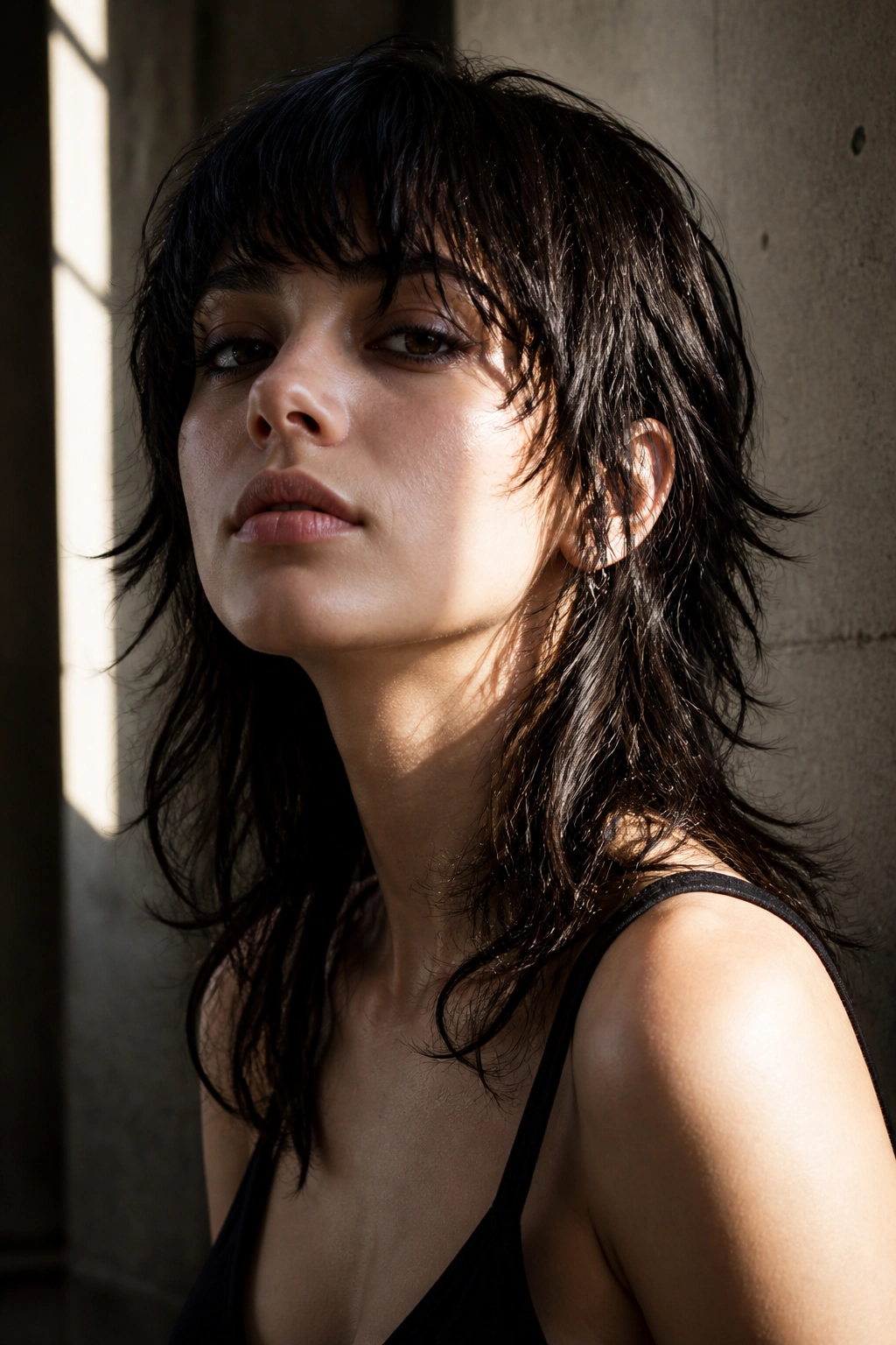 Close-up portrait of a real person with a high-contrast wolf cut under moody urban lighting