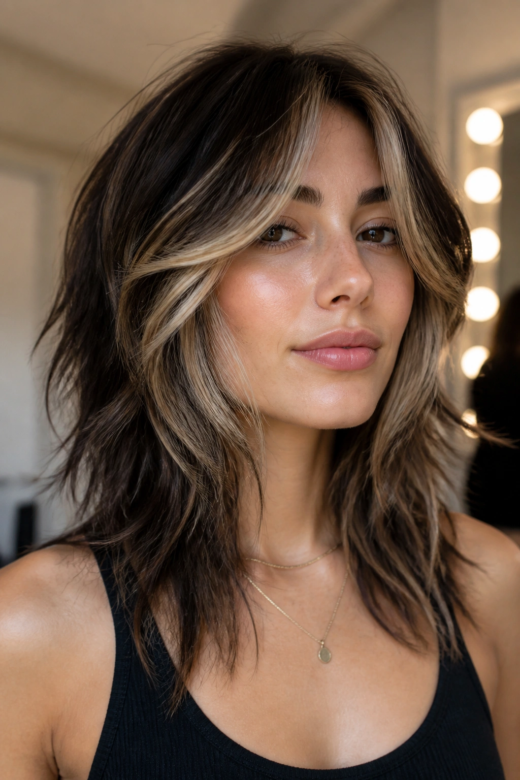 Real person with face-framing highlights in wolf cut in warm dressing-room lighting.