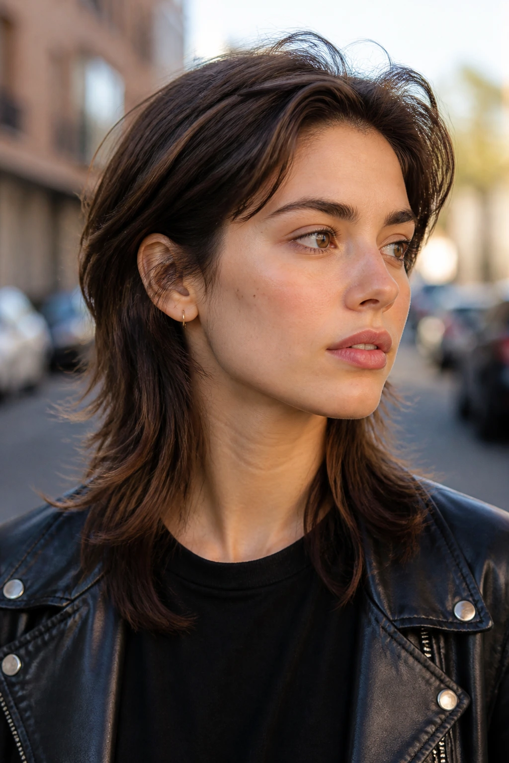 Three-quarter portrait of a real person with grown-out wolf cut hybrid without bangs in an urban setting