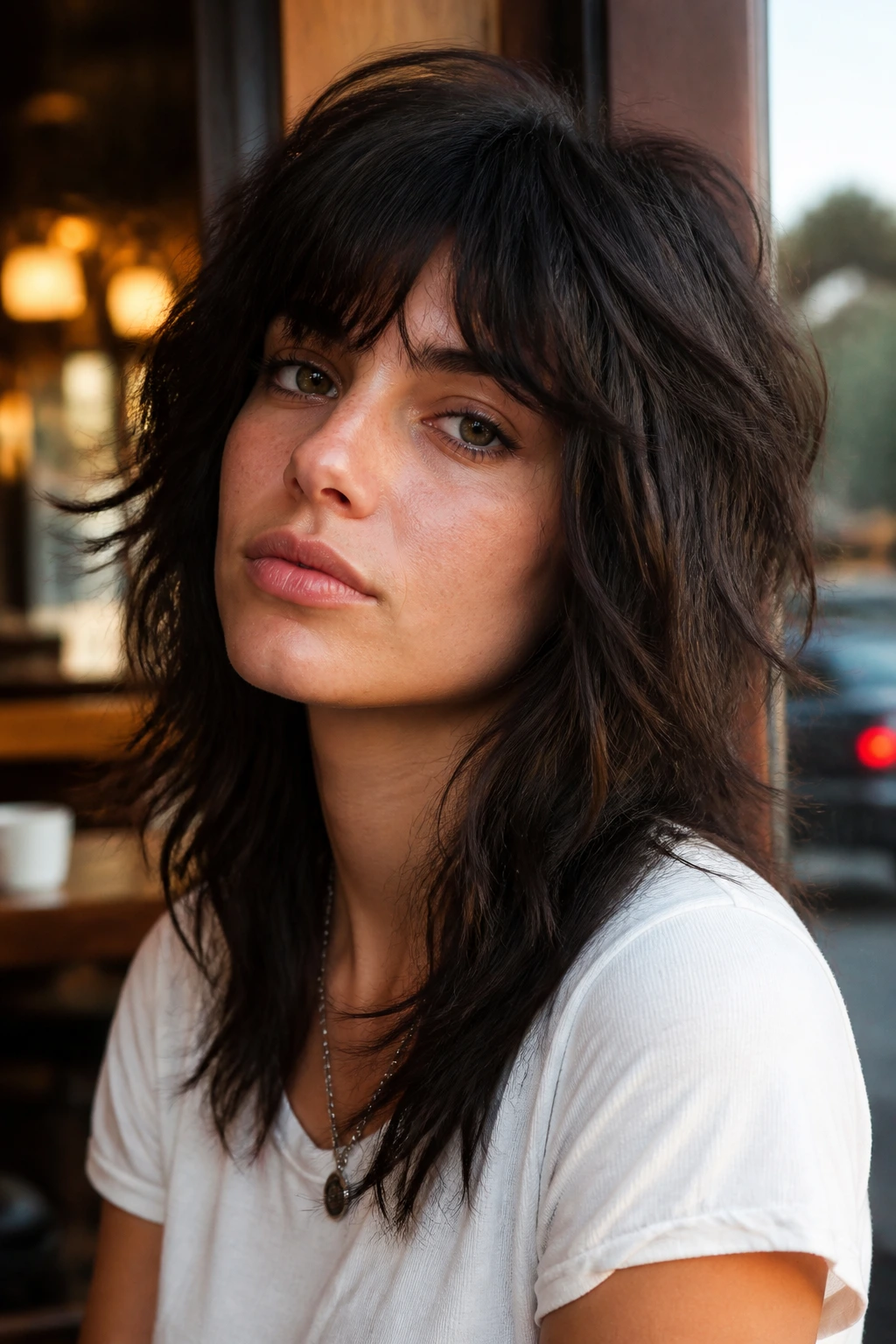 Close-up of real woman with shaggy wolf cut and internal layers