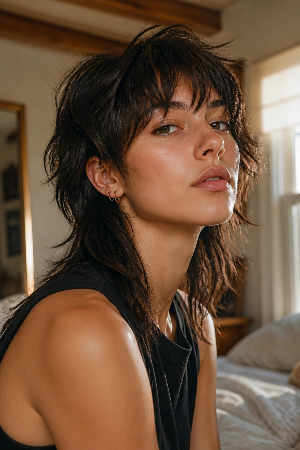 Close-up portrait of a real person with a wolf cut featuring jagged layers and an airy crown in warm window light