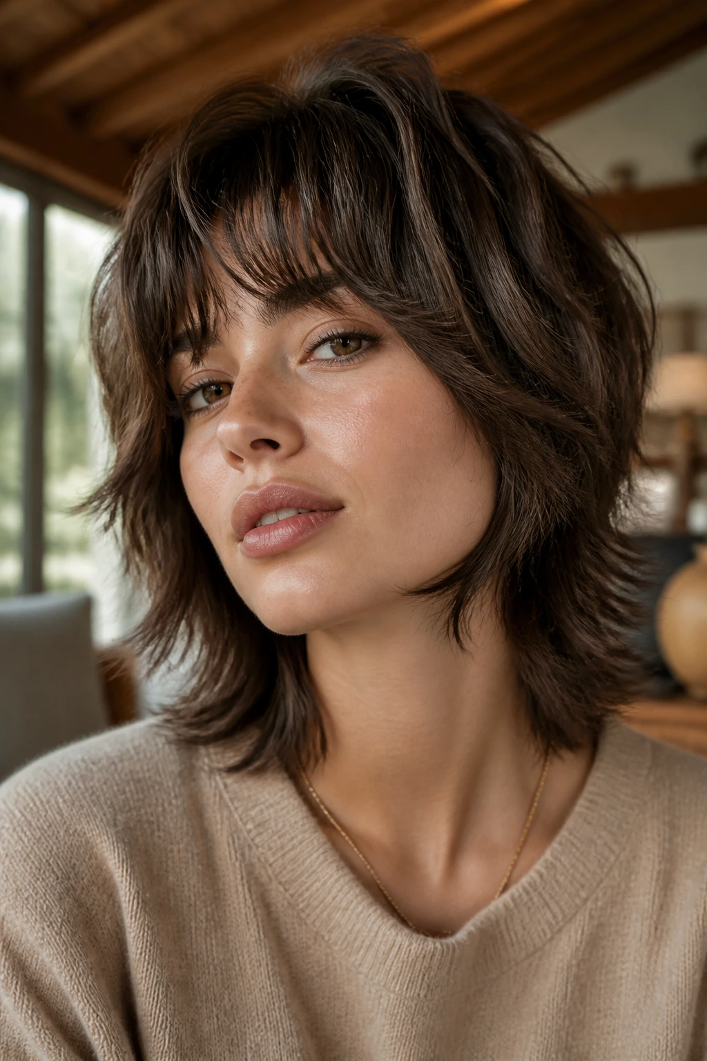 Close-up portrait of a real woman with a wolf cut featuring jaw-length layers in a warm living room.