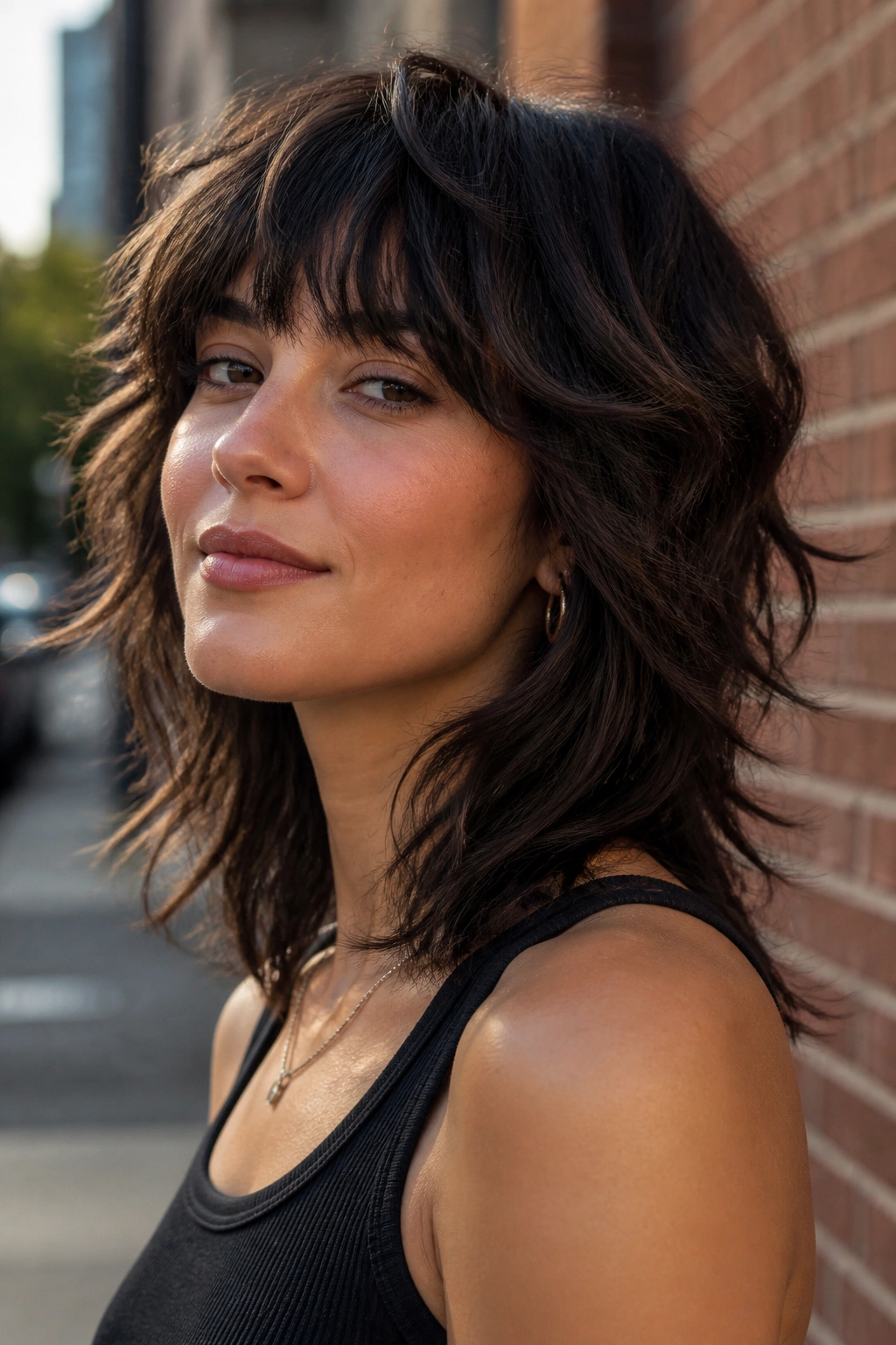 Close-up of a real person with layered wolf cut and choppy bangs