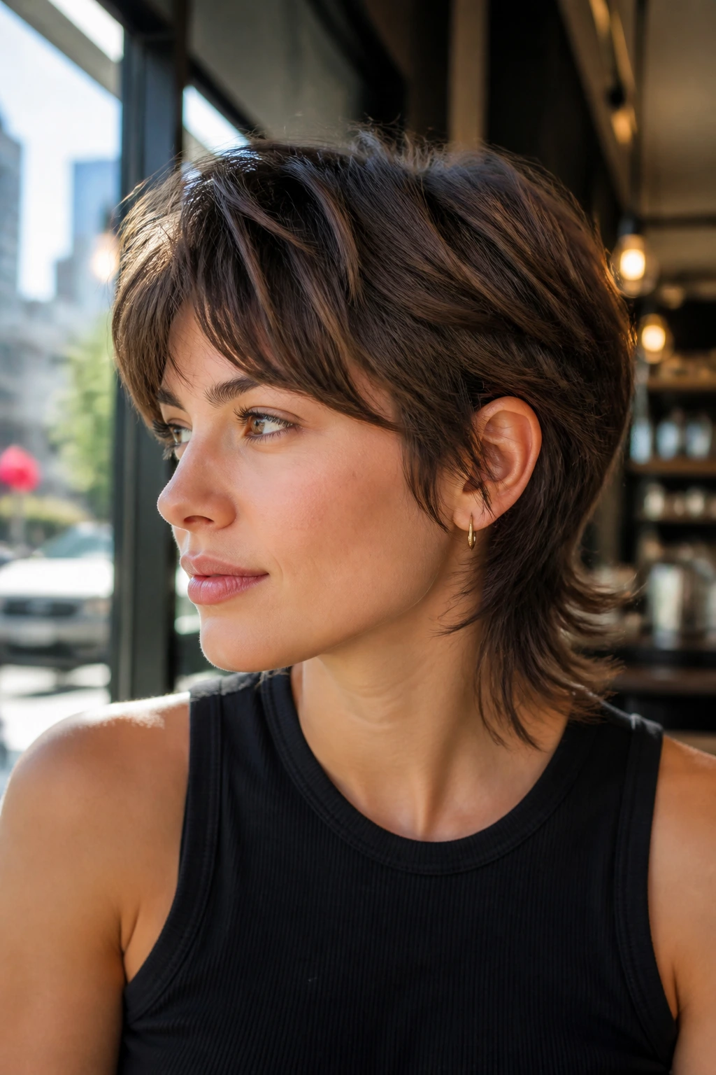 Real woman with short wolf cut and soft top length in cafe light