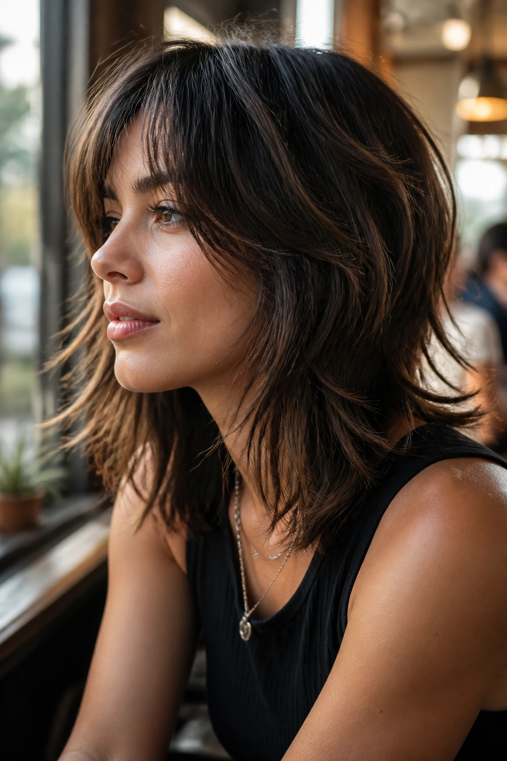 Close-up portrait of a real woman with a wolf-cut lite hairstyle at shoulder length in warm cafe light