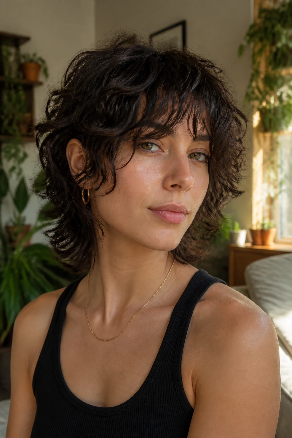Real woman with a wolf cut and long bangs on 2c curls in a sunny living room.