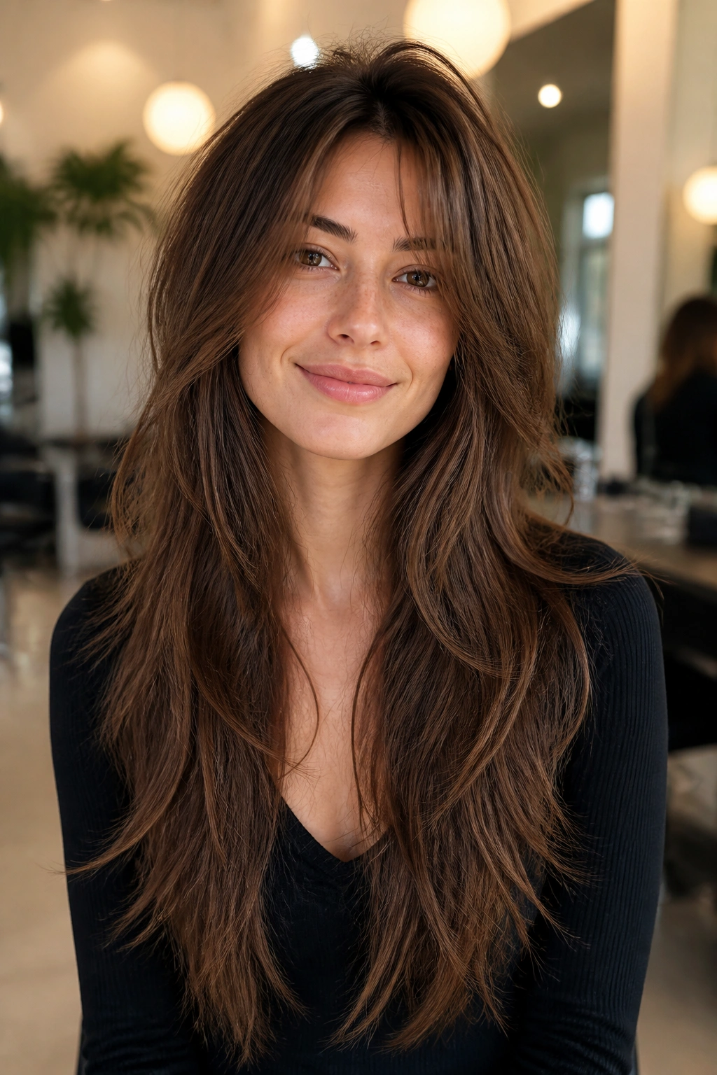 Close-up of a real woman with a long wolf cut and soft crown layers, hair past the chest.