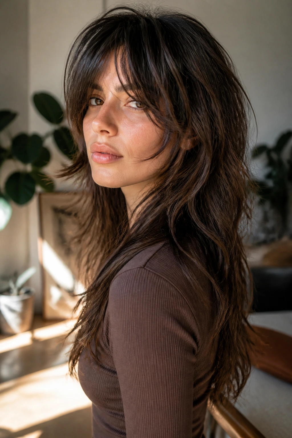 Three-quarter portrait of a real person with long wolf cut and full back