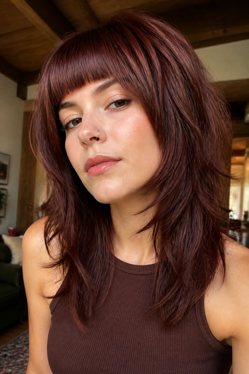 Close-up portrait of a real person with Mahogany Wolf Cut with a Blunt Fringe, deep mahogany color and blunt fringe