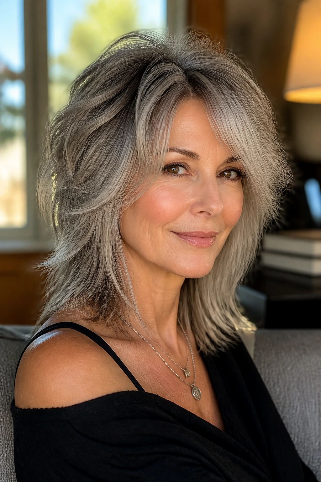 Close-up portrait of a 50-something woman with a soft modern wolf cut in warm window light