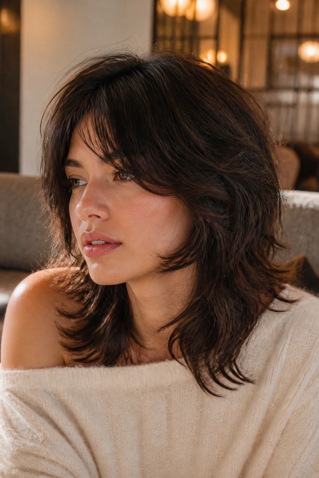 Close-up portrait of a real woman with a soft, medium-length wolf cut.