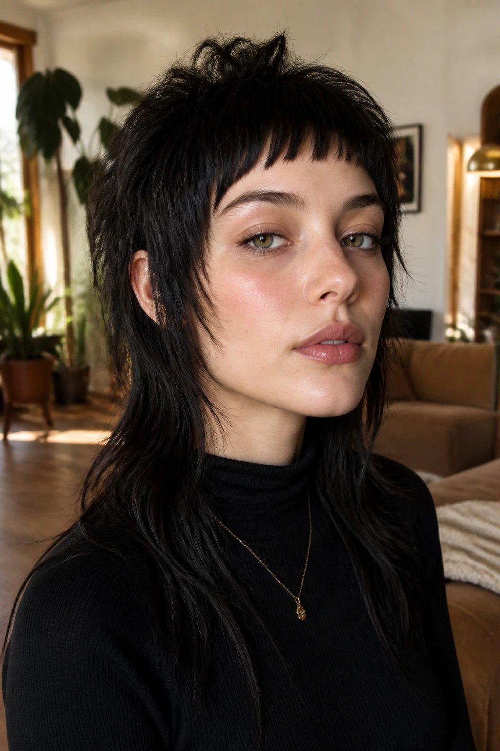 Close-up portrait of a real woman with a choppy wolf cut and micro bangs in warm window light