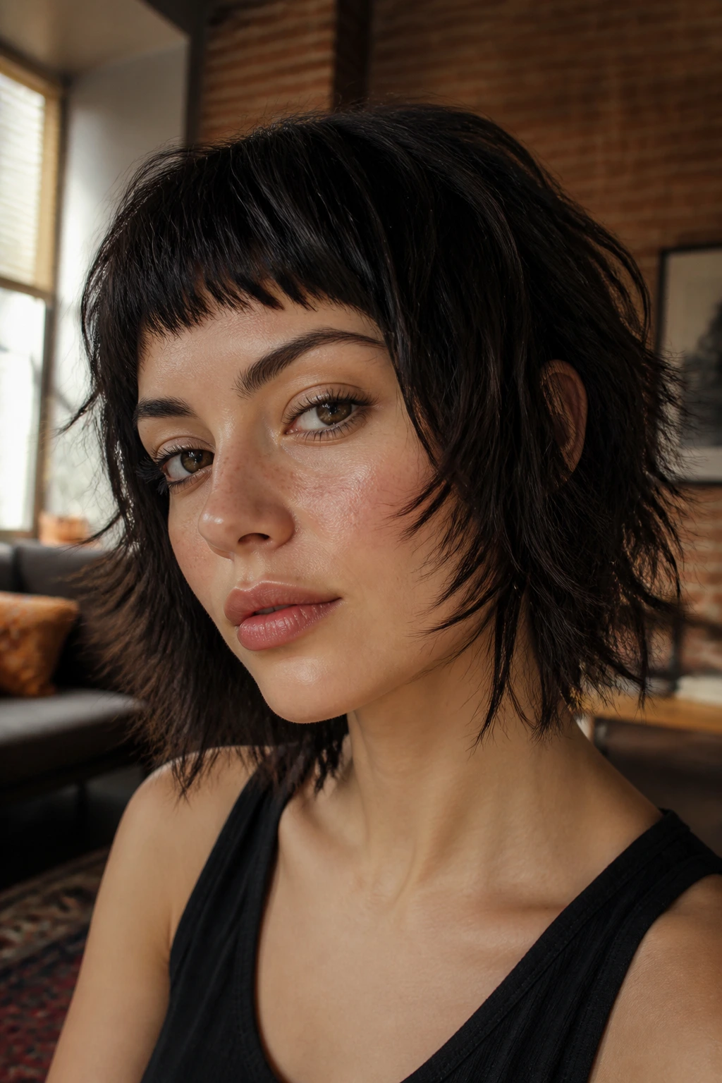 Close-up portrait of a real woman with Piecey Wolf Cut Bob With Micro Bangs under warm natural light