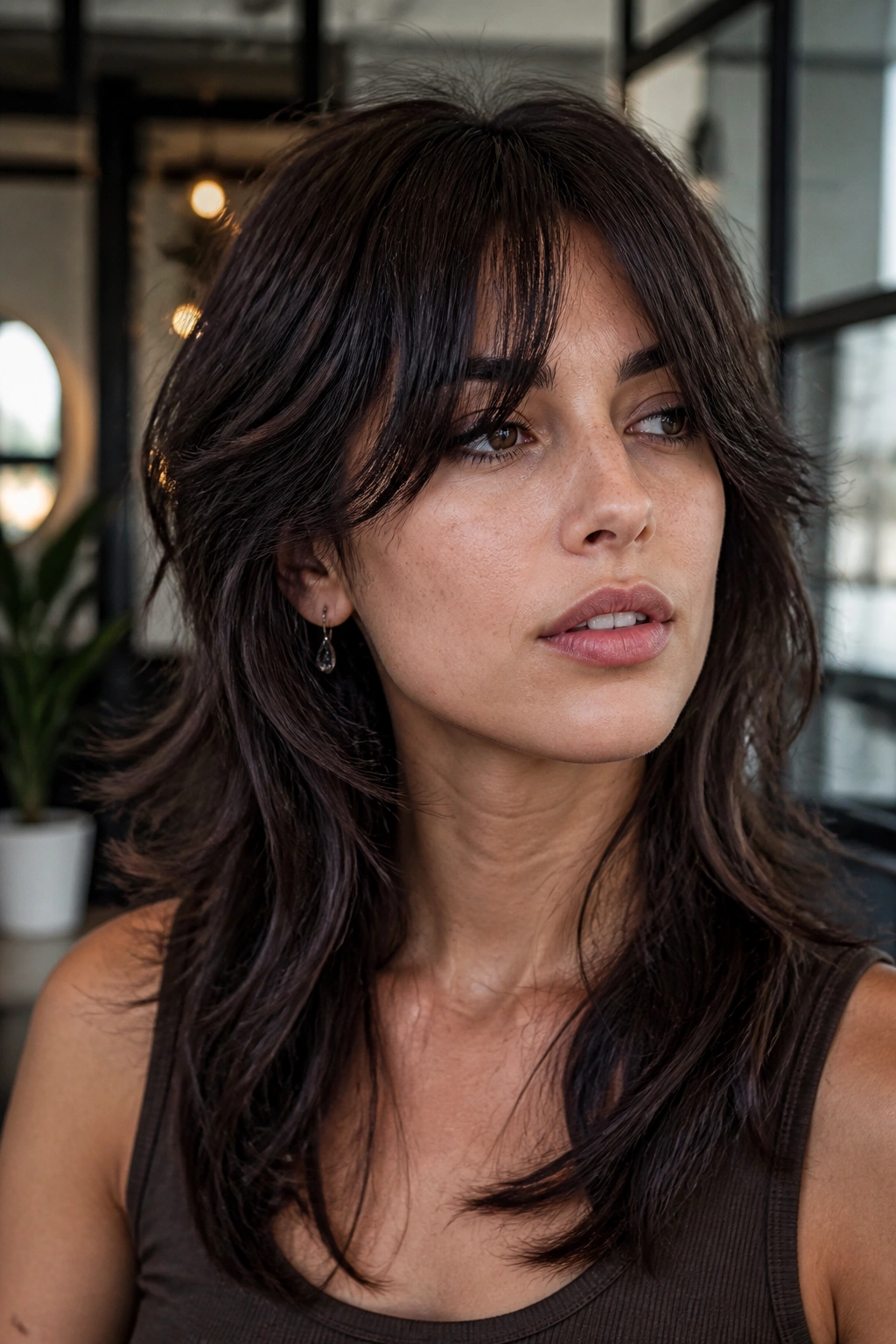 Close-up portrait showing micro-layered wolf cut with tapered fringe on a real person.
