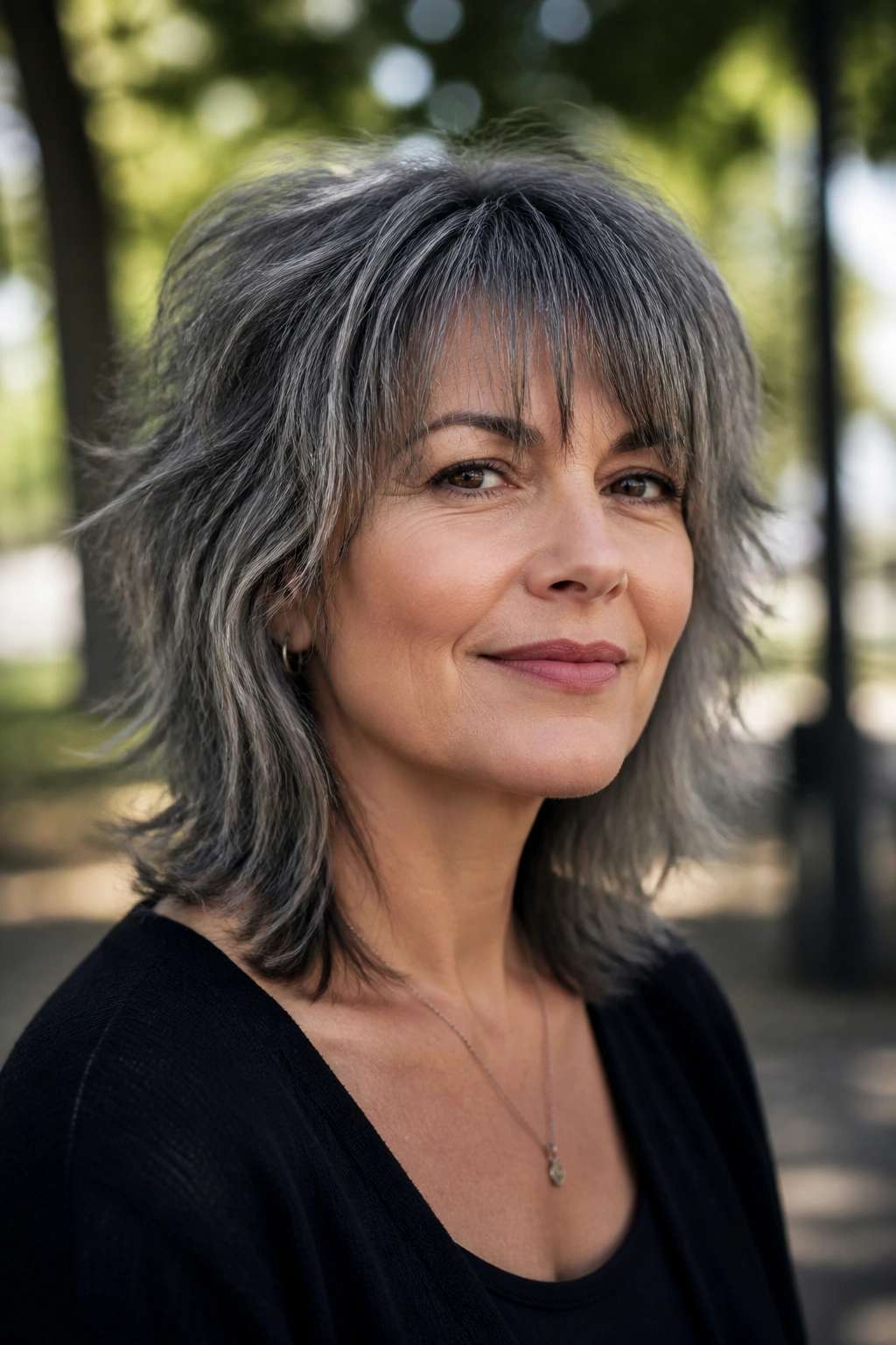 Close-up of a woman with a wolf cut on mid-length hair outdoors.