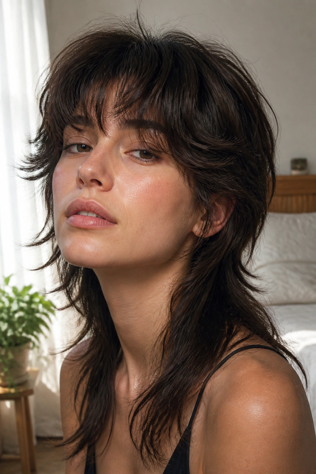 Close-up of a real woman with soft feathered wolf cut mullet in sunlit bedroom